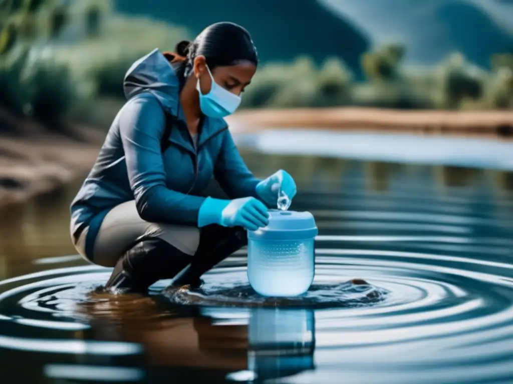 Purificación agua inundación seguridad: persona usando guantes y mascarilla purificando agua en entorno inundado