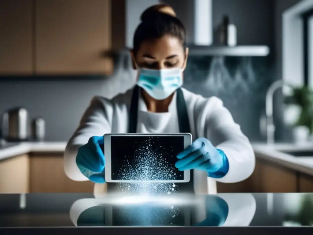 Purificación de agua con cloro para preppers: imagen de persona en cocina moderna, disolviendo tabletas de cloro en agua limpia