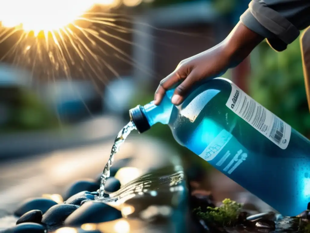 Reutilización de objetos para supervivencia: persona recogiendo agua de lluvia con botella plástica