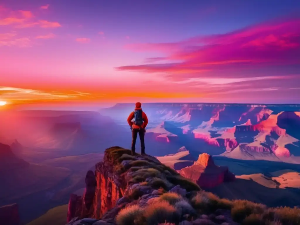 Persona en el borde de un acantilado, paisaje impresionante, cielo anaranjado al atardecer