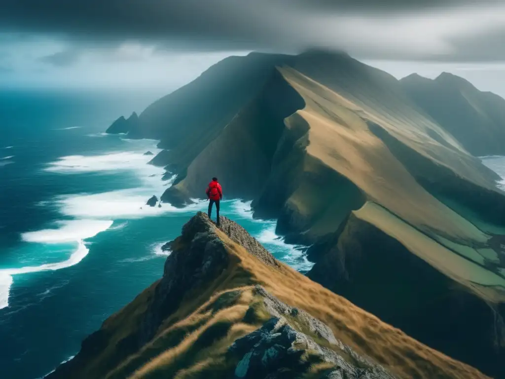 Persona resiliente en la cima de una montaña, mirando un mar turbulento