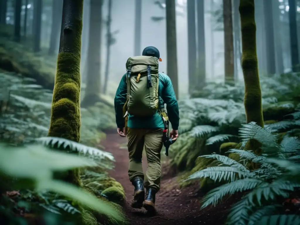 Persona equipada con elementos de defensa personal caminando en un denso bosque (Técnicas de defensa personal contra animales salvajes)