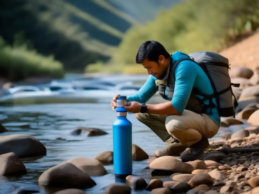 Persona purifica agua en supervivencia