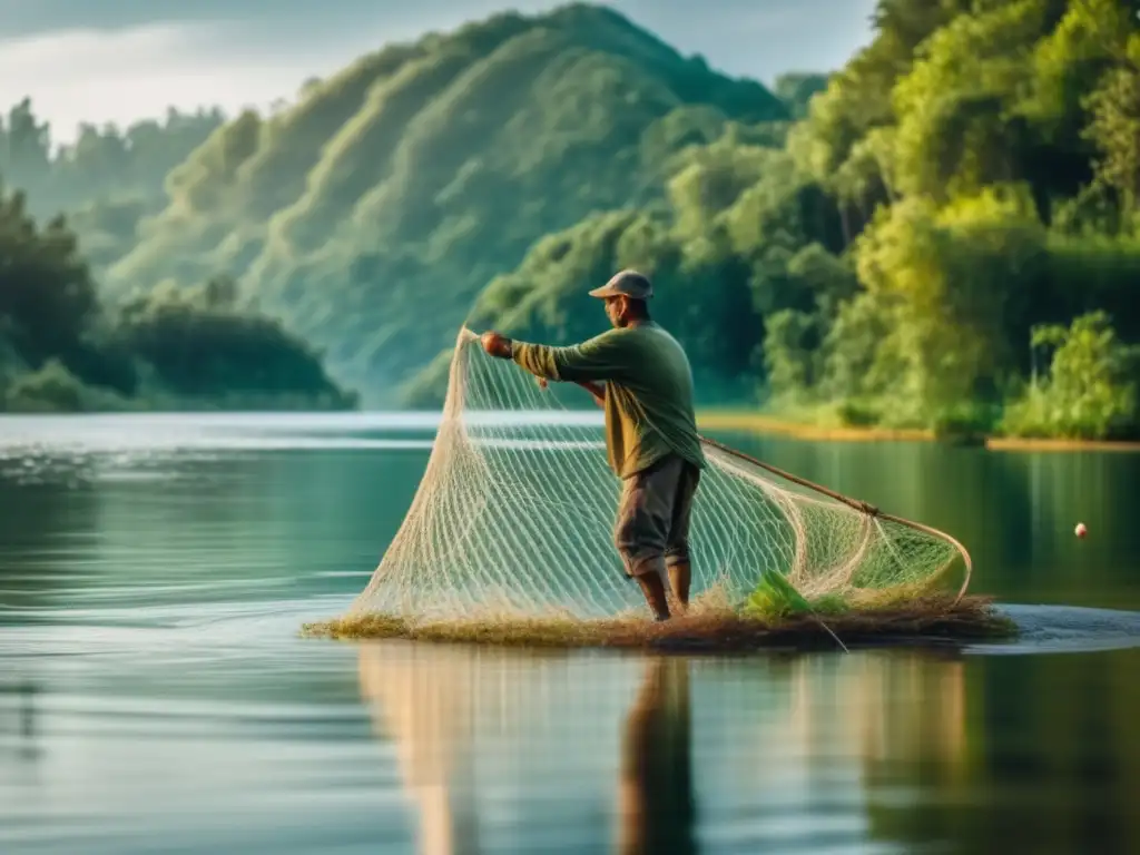 Técnicas pesca supervivencia hispana: Pescador habilidoso lanza red en lago cristalino rodeado de naturaleza exuberante