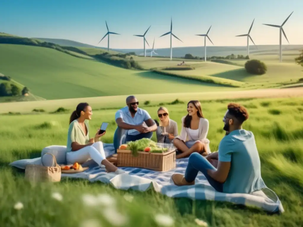 Beneficios de los sistemas de energía portátil en una imagen ultradetallada de 8k: paisaje pintoresco con cielo azul y campos verdes