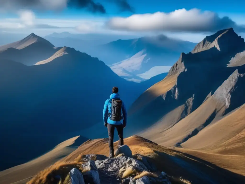 Persona en lo alto de una montaña, mirando un paisaje impresionante