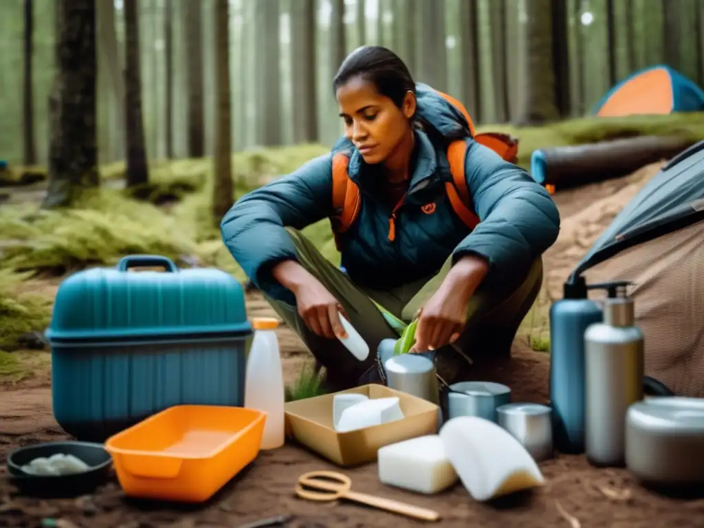 Higiene en situaciones de supervivencia: persona organizando suministros y preparándose para mantener la higiene en un campamento improvisado