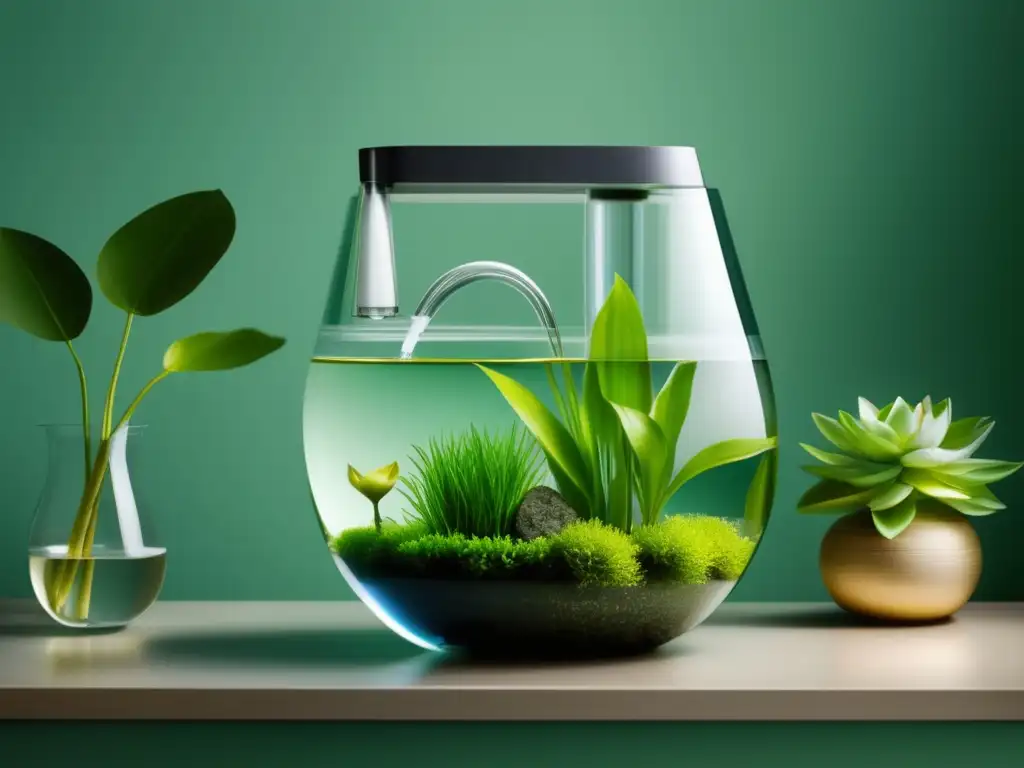 Purificar agua con plantas de forma ecológica: un sistema moderno y hermoso con plantas acuáticas, diseño minimalista, agua cristalina y luz natural