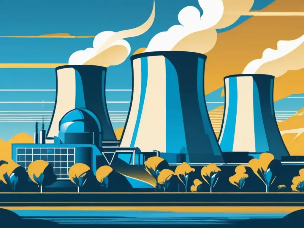 Planta nuclear moderna con arquitectura futurista y paisaje verde, destacando la preparación ante desastre nuclear