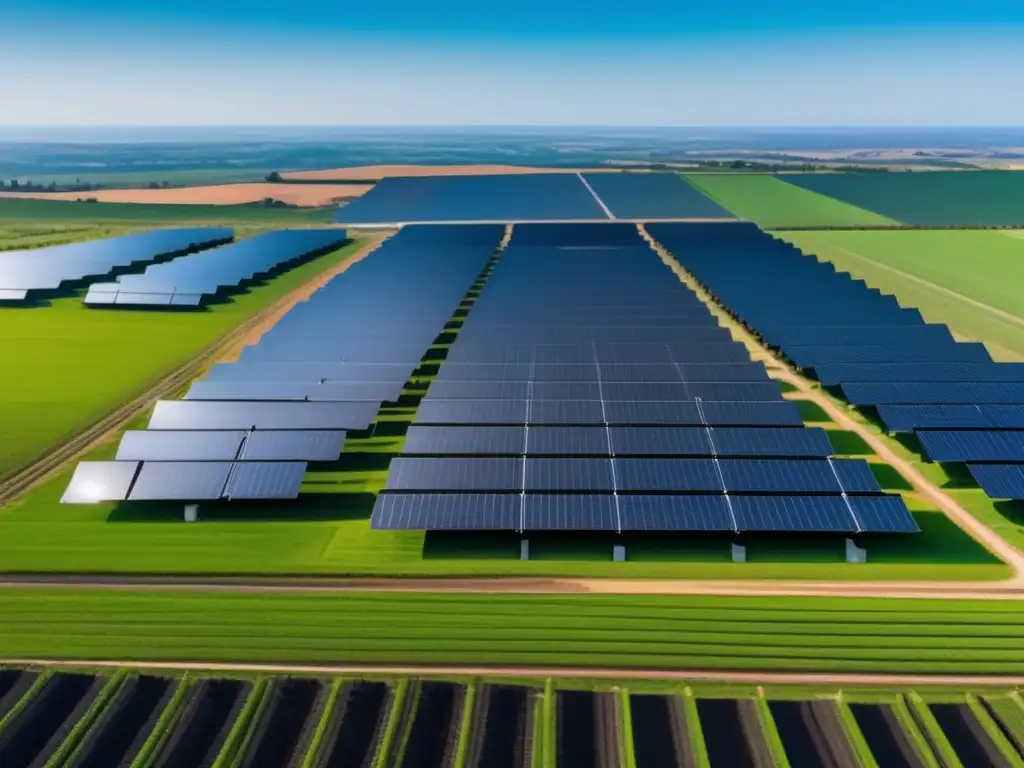 Planta solar moderna: energía limpia y eficiente Planta solar moderna con paneles negros capturando energía solar - ¡Fuentes de energía renovable para Preppers!