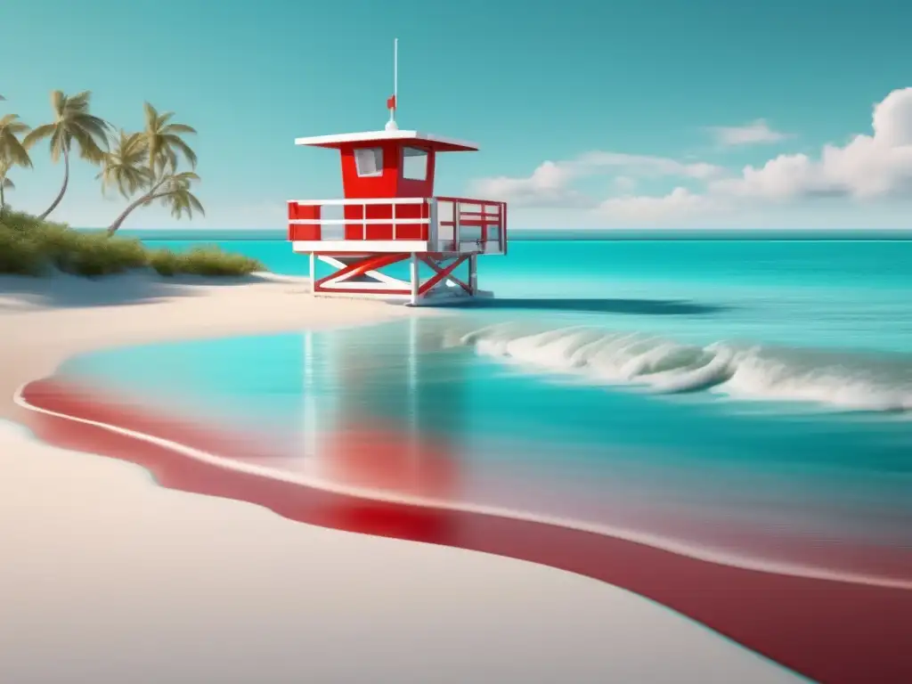 Escena de playa con agua turquesa y torre de salvavidas roja y blanca