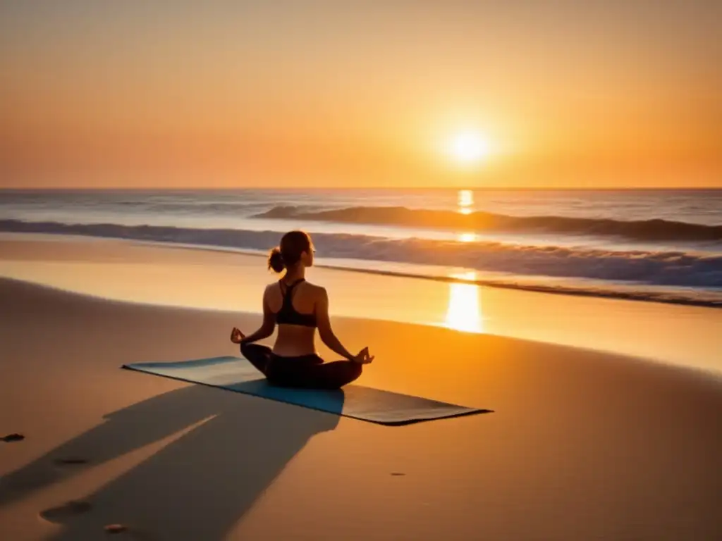 Playa al amanecer con figura practicando yoga - Consejos para superar agotamiento mental