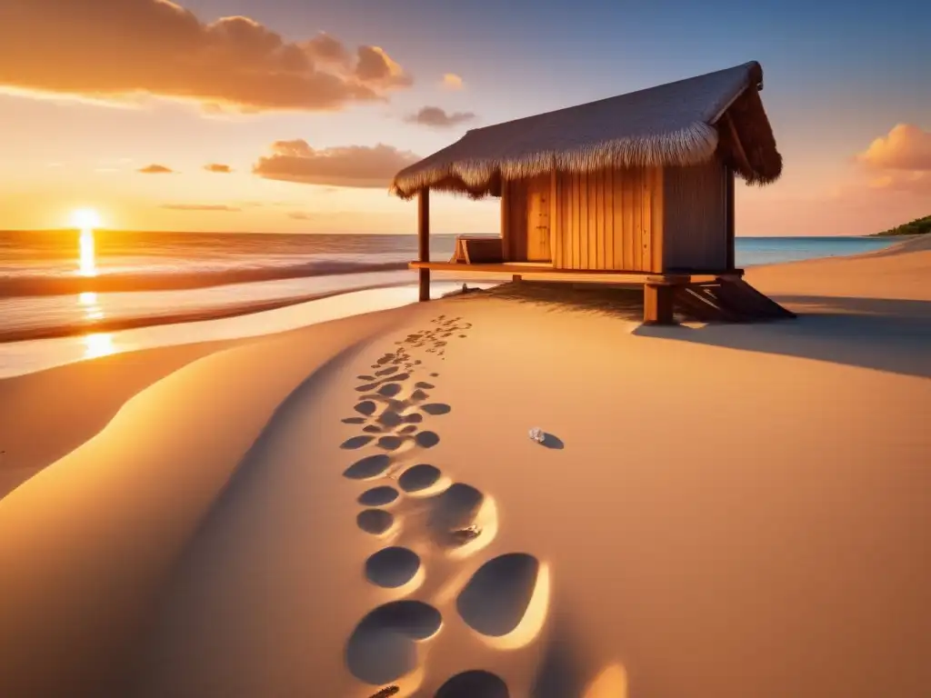 Atardecer en la playa: preparación para la supervivencia Preparación para sobrevivir en la playa: imagen de playa al atardecer con sol, agua cristalina, seashells y refugio equipado