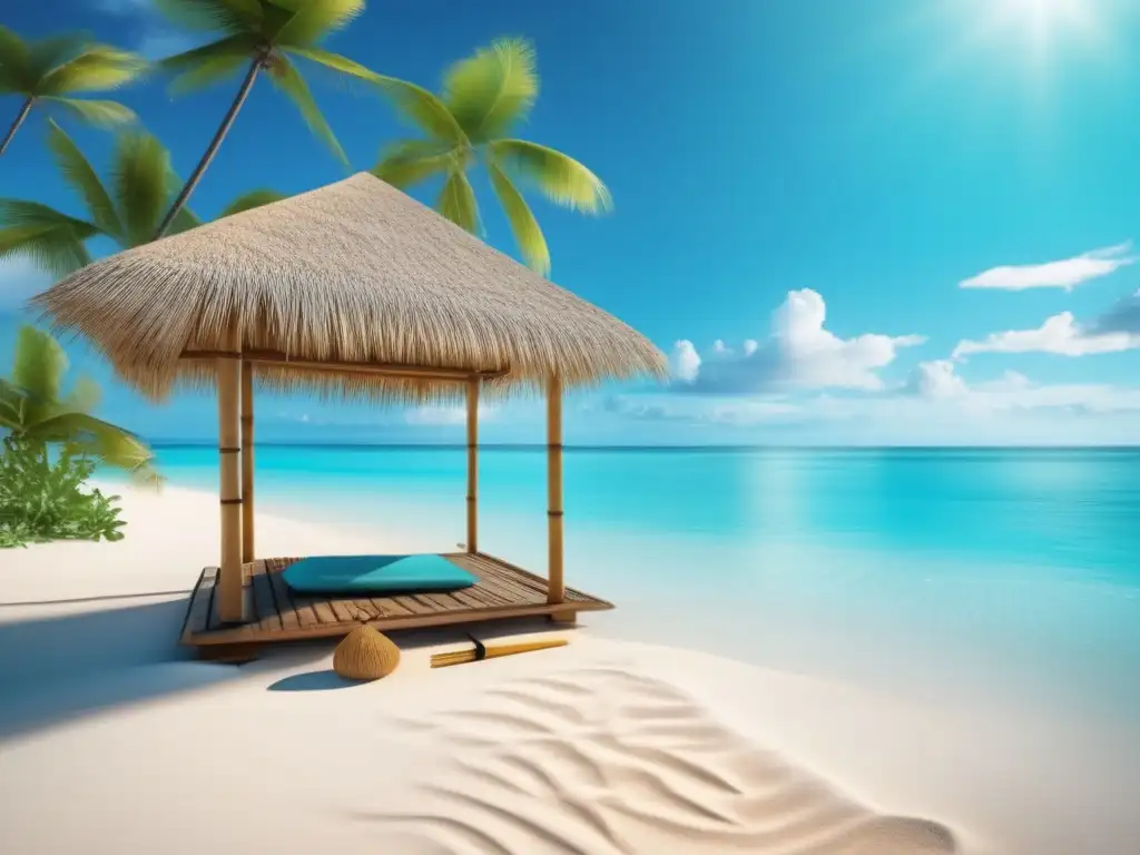 Playa serena con equipamiento de supervivencia Preparación para sobrevivir en la playa: imagen de una escena serena con playa dorada, aguas turquesas y herramientas de supervivencia