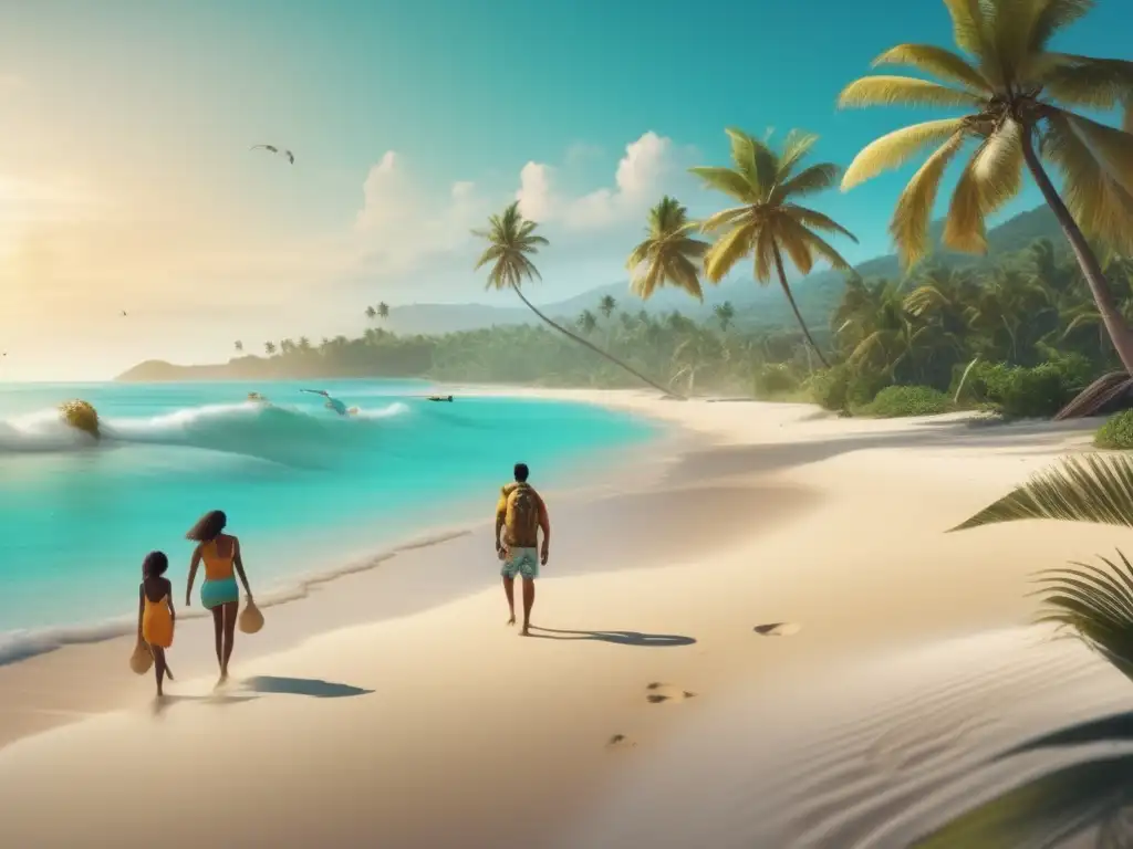 Preparación y supervivencia en la playa Preparación para sobrevivir en la playa: imagen 8K detallada de una playa prístina con aguas turquesas y una gente realizando actividades de supervivencia