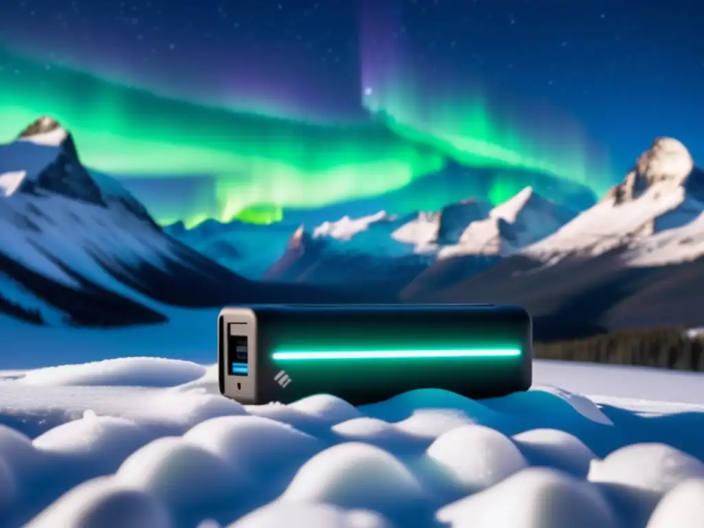 Mantenimiento energía portátil extremas: Power bank resistente en la cumbre nevada, rodeado de auroras boreales