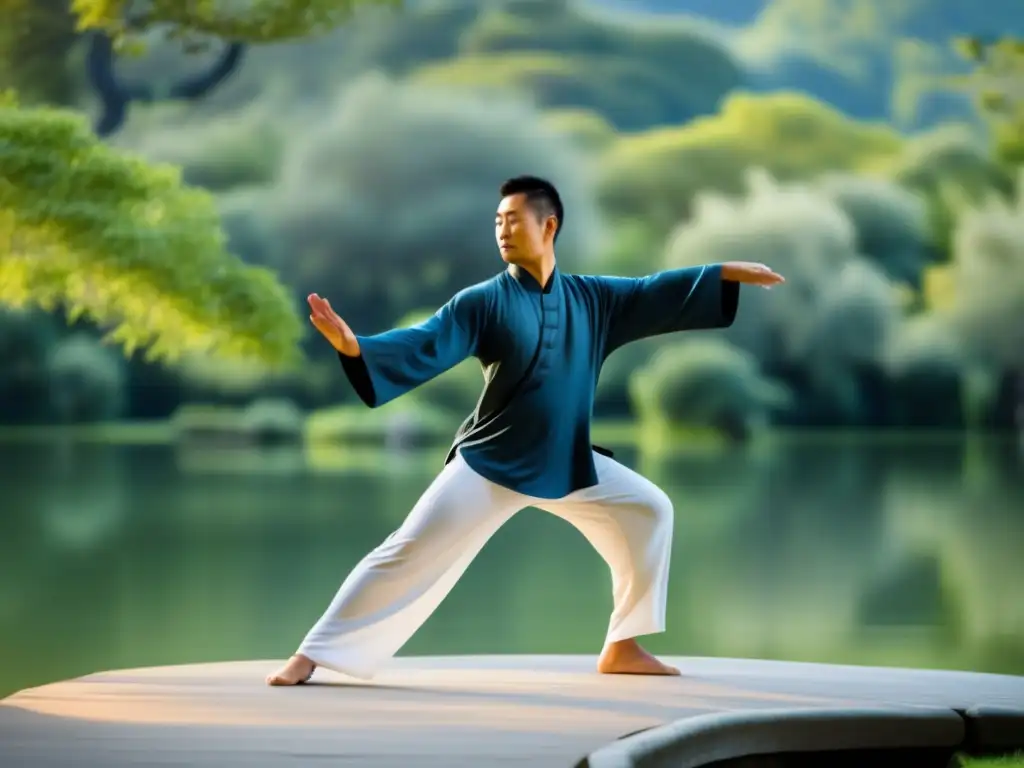 Persona practicando Tai Chi en entorno natural, fusionando tradición y fitness contemporáneo