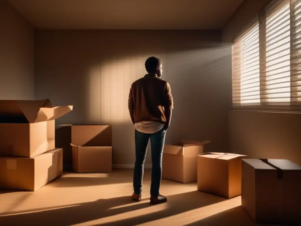 Preparación emocional pérdida bienes materiales - Persona en habitación vacía rodeada de cajas, pensativa y resiliente - Juego de luces y sombras