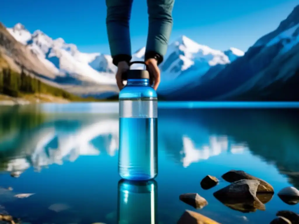 Persona en paisaje montañoso con agua purificada en condiciones extremas