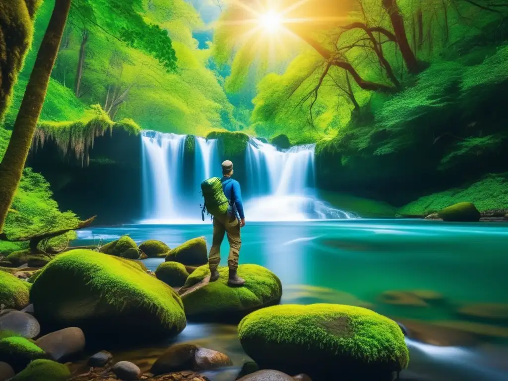 Paisaje sereno con río azul y prepper preparado Paisaje verde con río azul, cascada y prepper con suministros