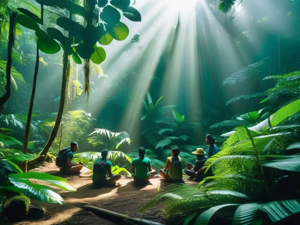 Preparación supervivencia en la jungla: escena vibrante de la selva con aventureros realizando ejercicios físicos y mentales