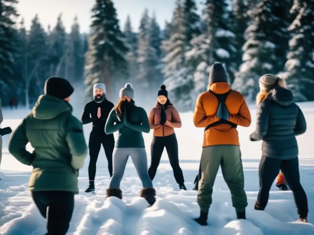 Talleres invierno preppers: grupo diverso practicando yoga, ejercicios, construyendo refugios y más