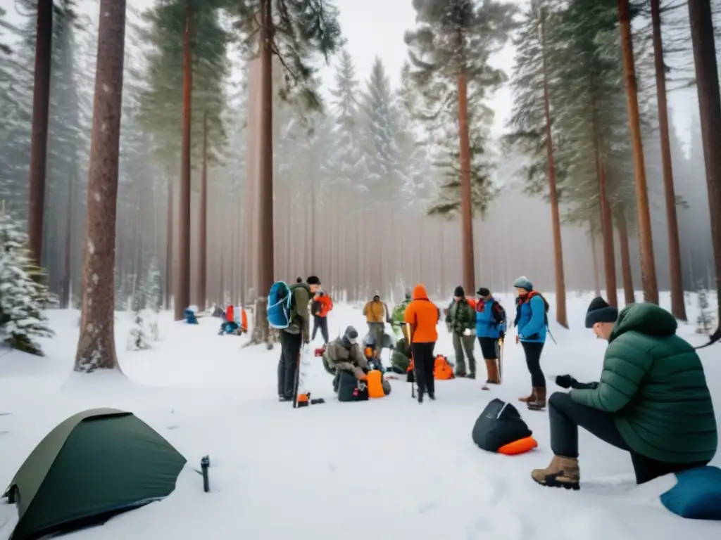 Talleres de supervivencia en invierno para preppers en un bosque nevado, con participantes realizando actividades y demostrando habilidades