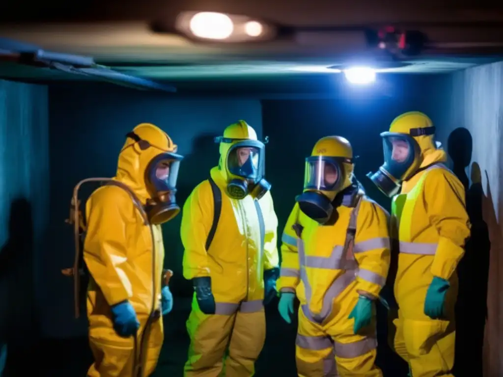 Personas en trajes protectores y máscaras de gas en un bunker subterráneo, preparándose para desastres nucleares