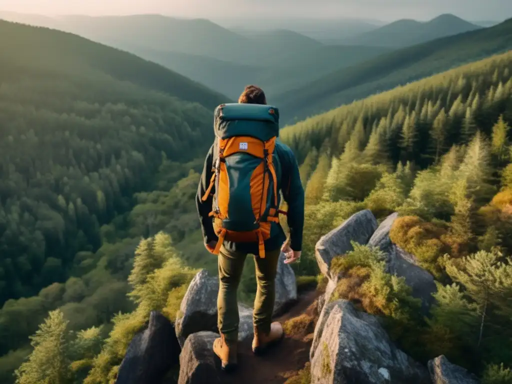 Preparación para huida segura en riesgo - Persona con mochila todo terreno en acantilado, bosque denso, paisaje realista