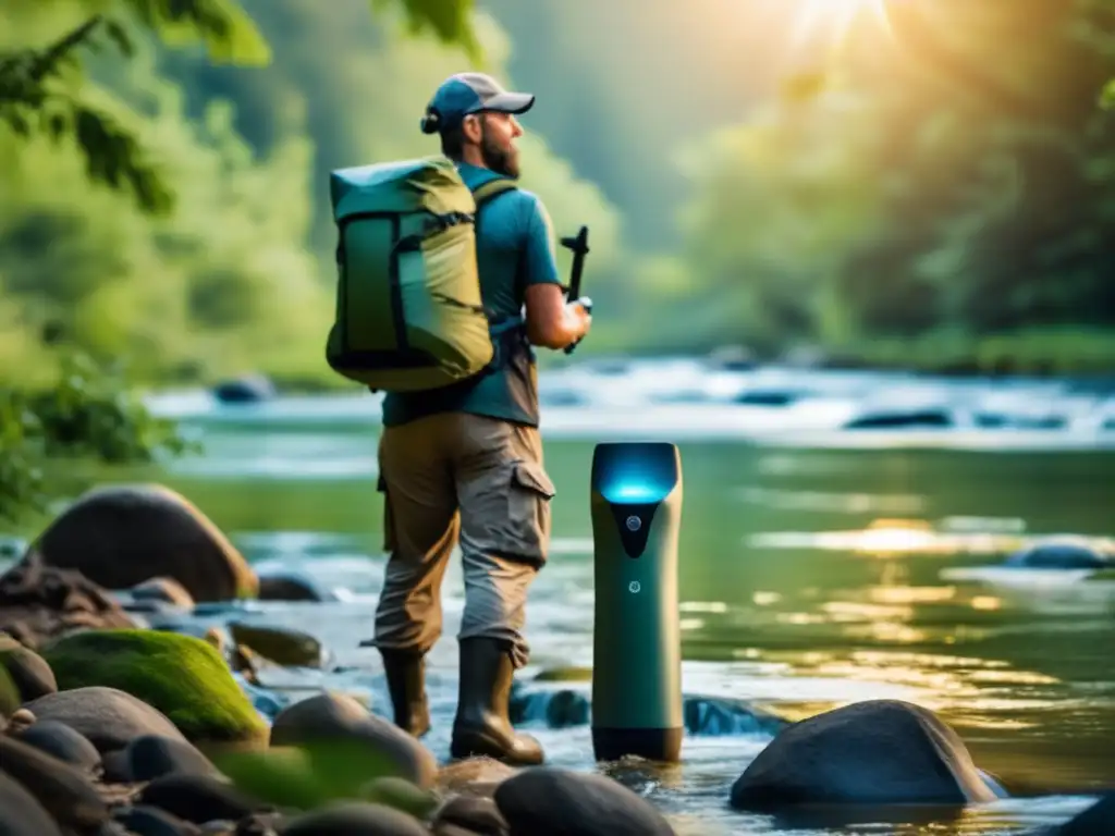 Purificación de agua de río para preppers: un prepper seguro y preparado purifica agua cristalina en un paisaje impresionante