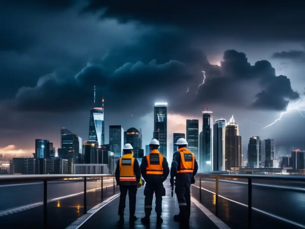 Preparación ante desastres naturales en una ciudad moderna con nubes de tormenta