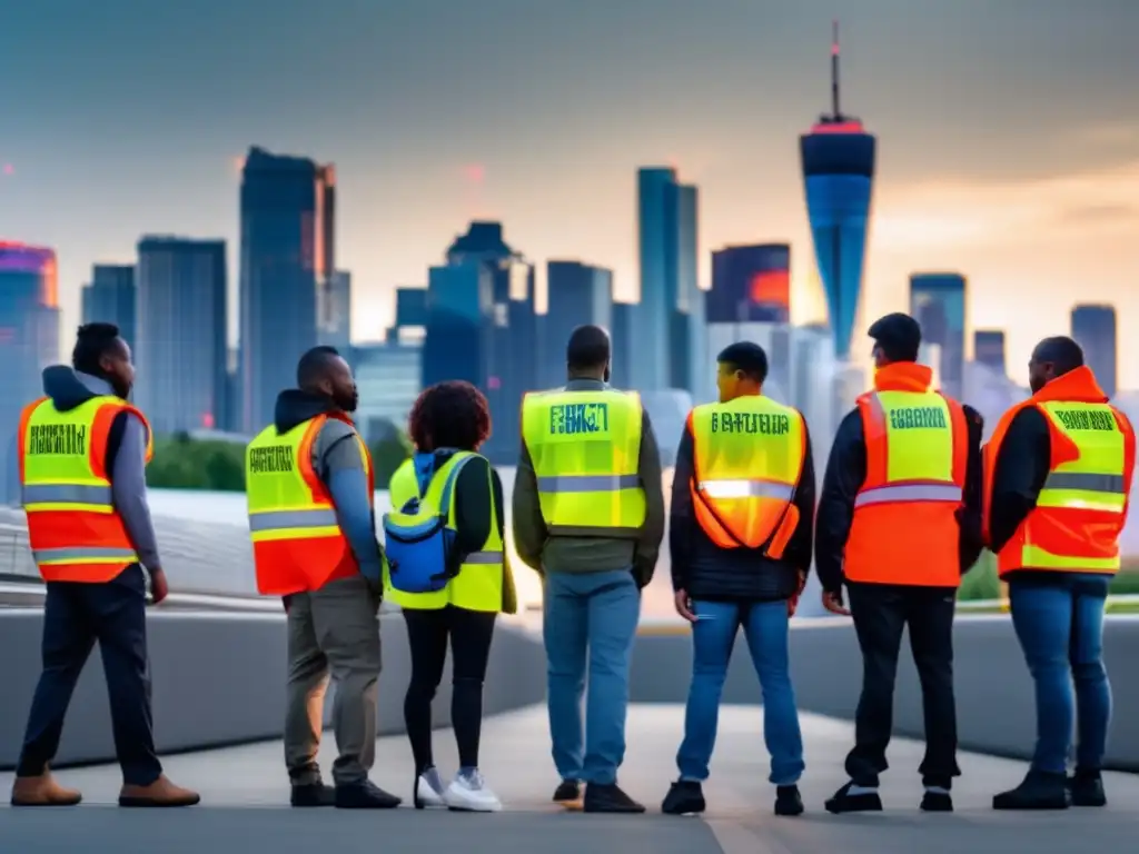 Evacuación urbana: Grupo diverso con chalecos reflectantes y mochilas, frente a un skyline moderno