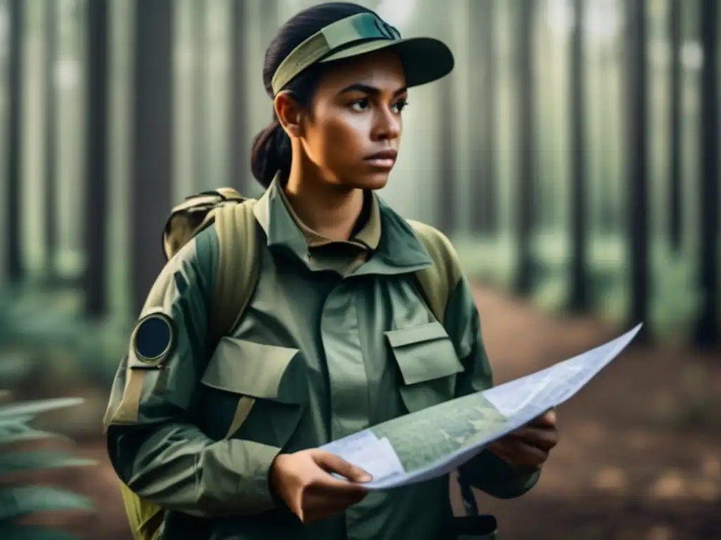 Persona en bosque con mapas y brújula, preparación para huir en crisis