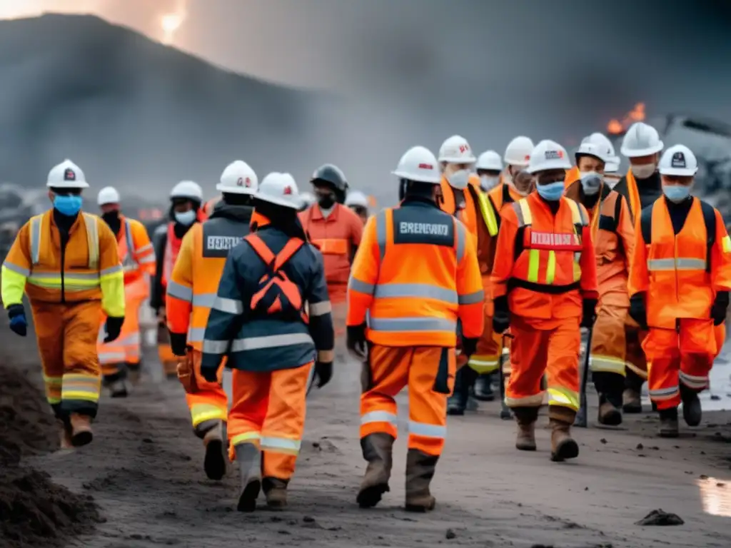 Preparación y resiliencia en desastres: Grupo diverso en equipo de emergencia frente a la ciudad, simbolizando fuerza y esperanza