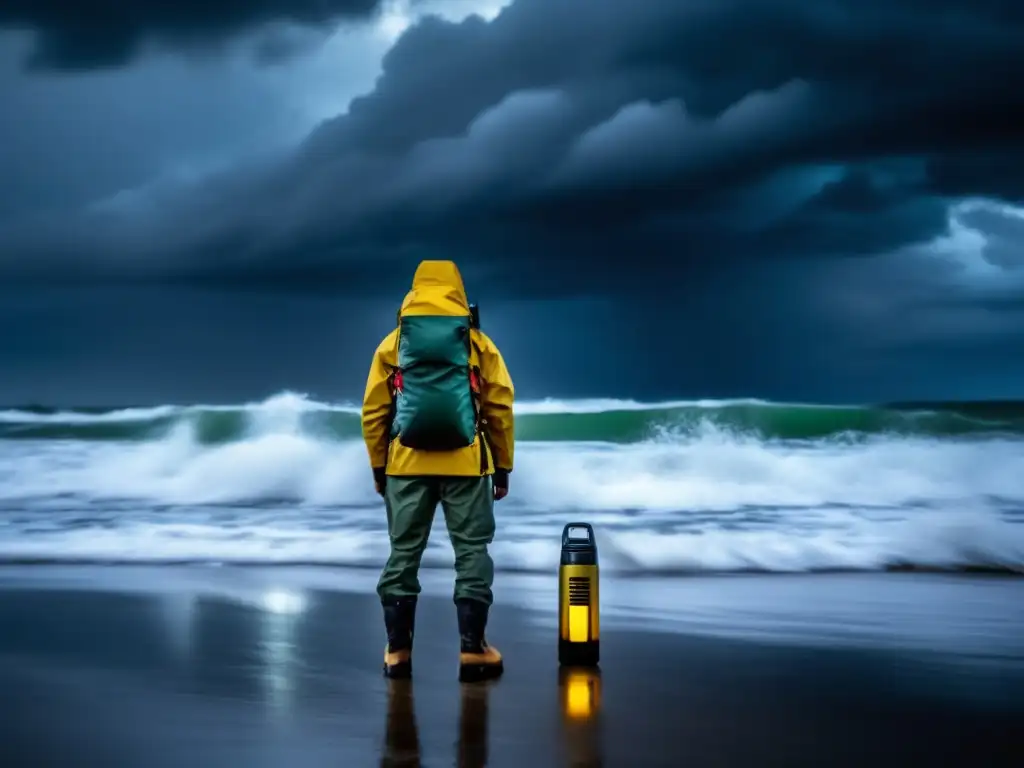 Guía de preparación para huracanes: persona con ropa impermeable y kit supervivencia en playa tormentosa