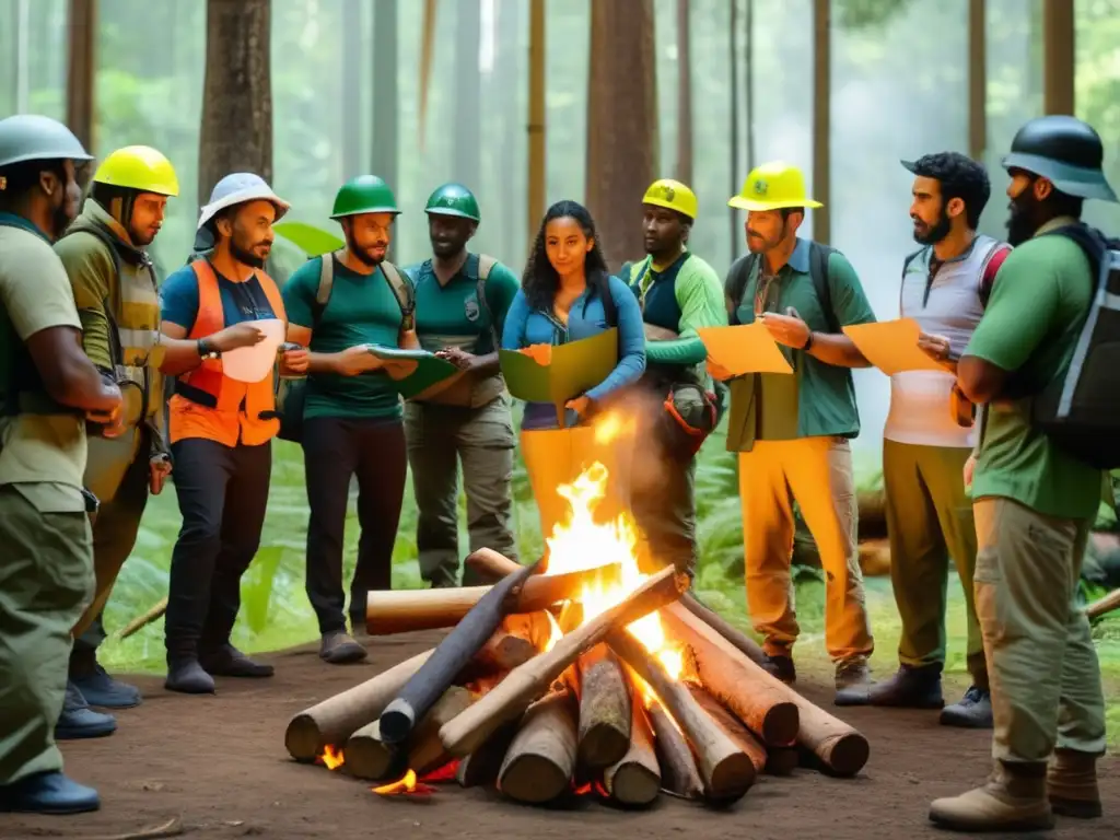 Curso preparacionismo: grupo diverso aprendiendo habilidades supervivencia en la naturaleza con instructor profesional