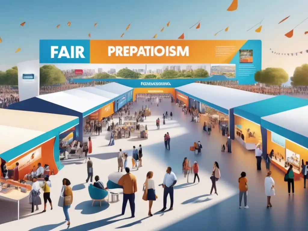 Ferias preparacionismo 2023 esperadas: escena vibrante de una feria llena de stands y actividades, bajo cielo azul