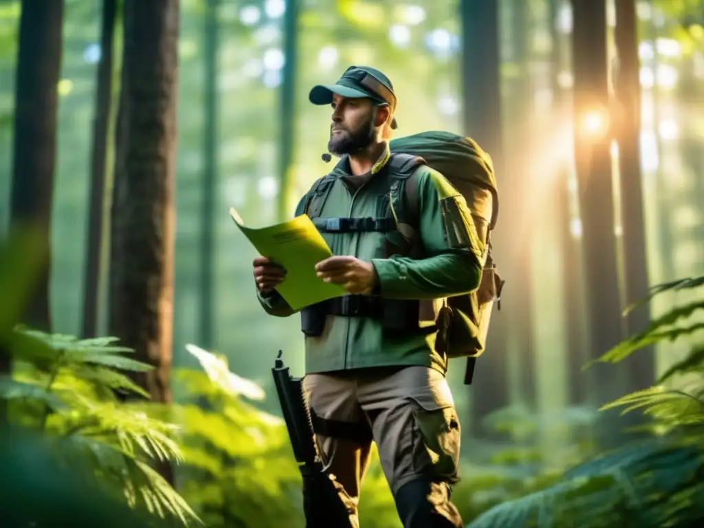 Prepper en el bosque con certificación de supervivencia y brújula - Beneficios de la certificación de supervivencia para preppers