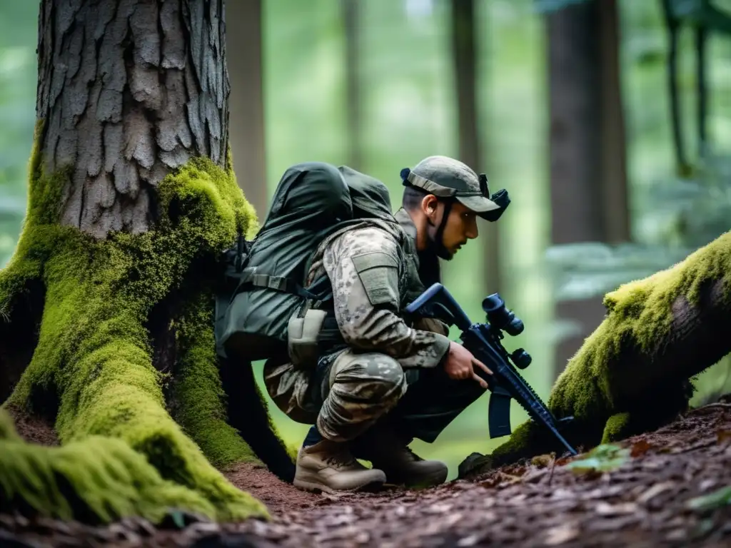 Tácticas de supervivencia para preppers en bosque camuflado