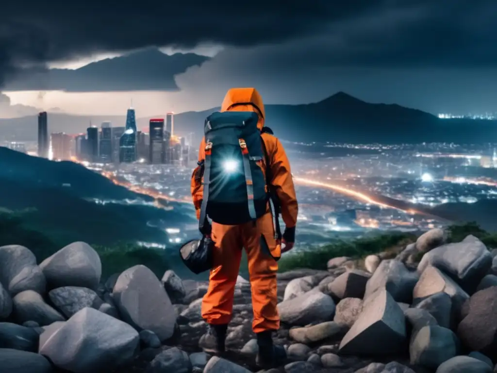 Equipo esencial mochila emergencia: persona preparada para desastre en terreno rocoso, ciudad devastada, nubes amenazantes