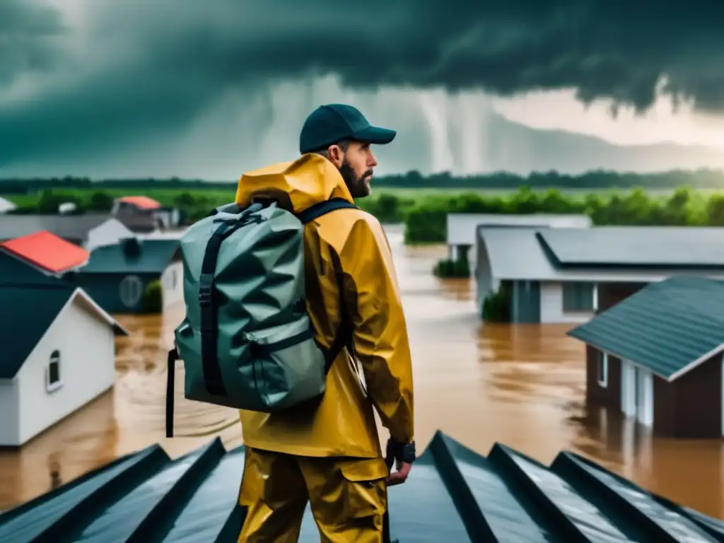 Guía de supervivencia en inundaciones para preppers: prepper preparado en un tejado durante una inundación