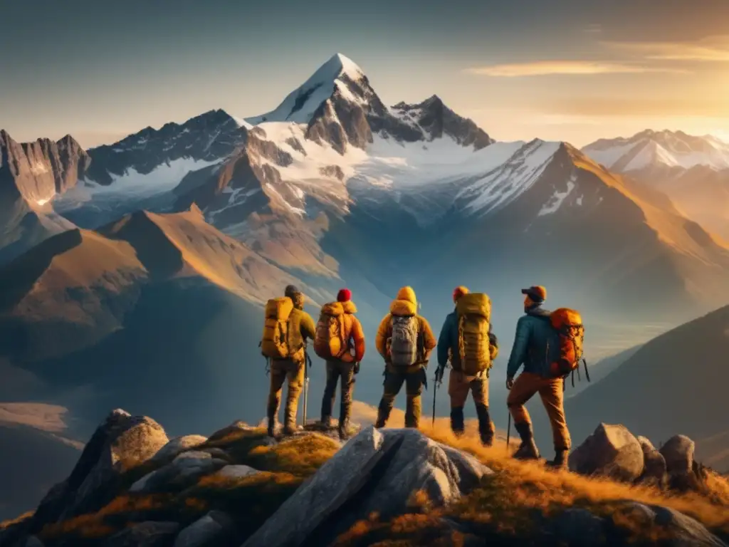 Grupo de preppers en montaña, equipados con manual de supervivencia y rodeados de naturaleza impresionante