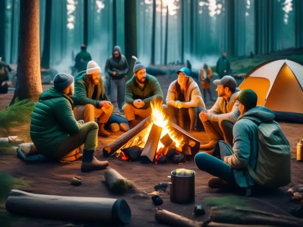 Grupo de preppers compartiendo elementos esenciales para huida en un campamento organizado