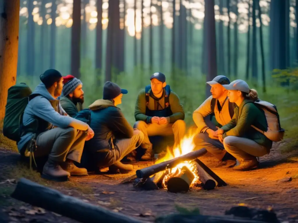 Cursos de navegación y orientación para preppers en un bosque al anochecer, con camaradería y determinación