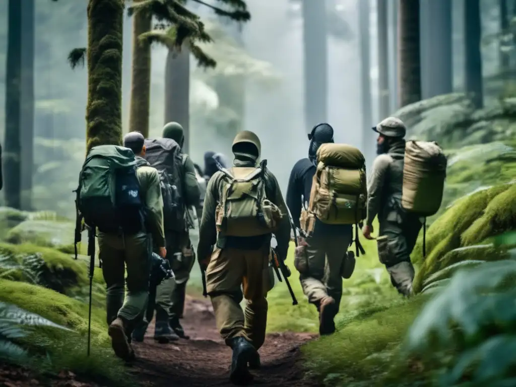 Técnicas de orientación con mapas para preppers en un denso bosque, estrategizando alrededor de una mesa con un mapa topográfico