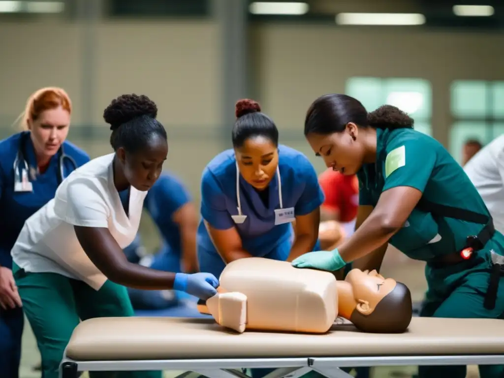 Técnicas de primeros auxilios en un centro de entrenamiento equipado, con profesionales concentrados en CPR y técnicas de salvamento