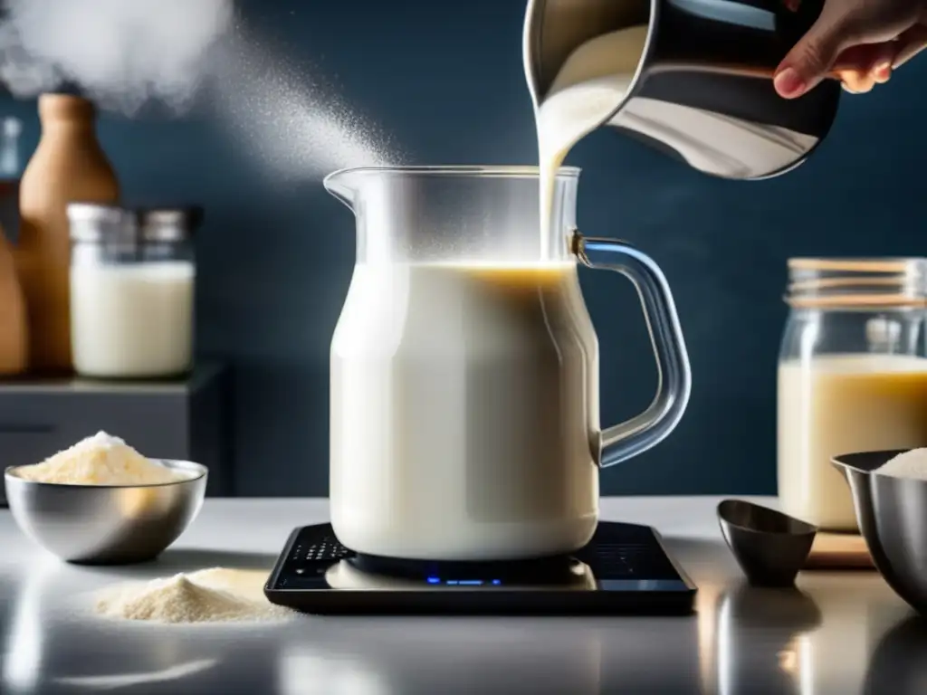 Proceso detallado de hacer leche en polvo casera: Jarra de leche fresca siendo vertida en una olla de acero inoxidable en una cocina bien iluminada