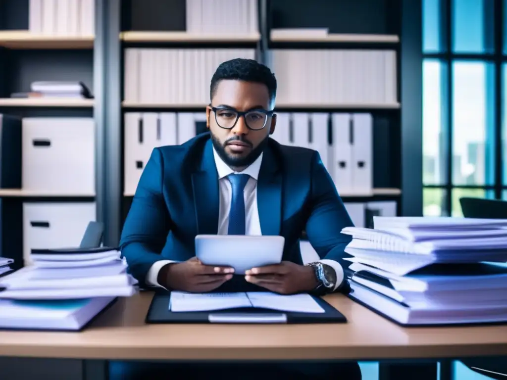 Profesional en una oficina con documentos financieros Persona profesional en escritorio con laptop rodeado de documentos financieros, calculadoras y cuadernos