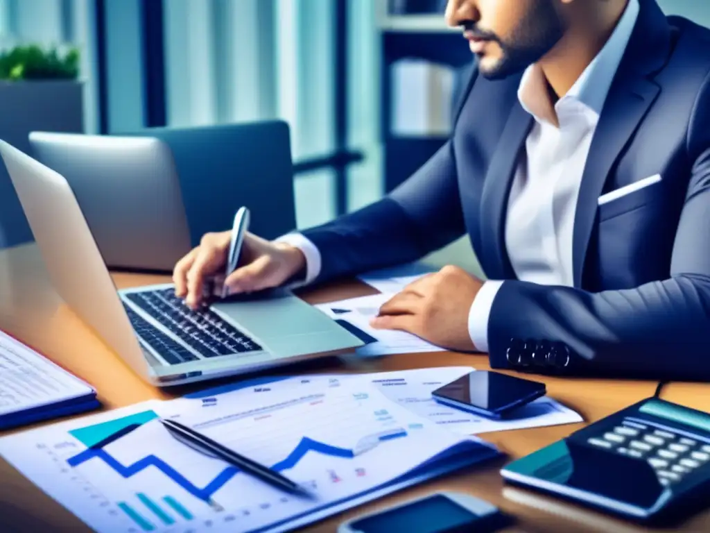 Finanzas personales de alto rendimiento Persona enfocada en resiliencia financiera y preparacionismo en escritorio