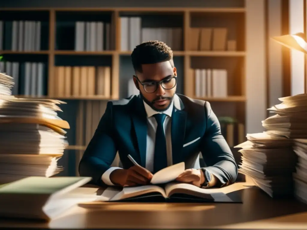 Joven profesional en escritorio minimalista leyendo 